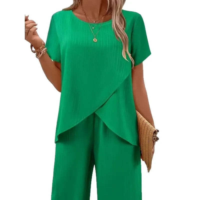 2 Pieces Women Sets Summer Short-Sleeved Irregular Round-Neck Loose