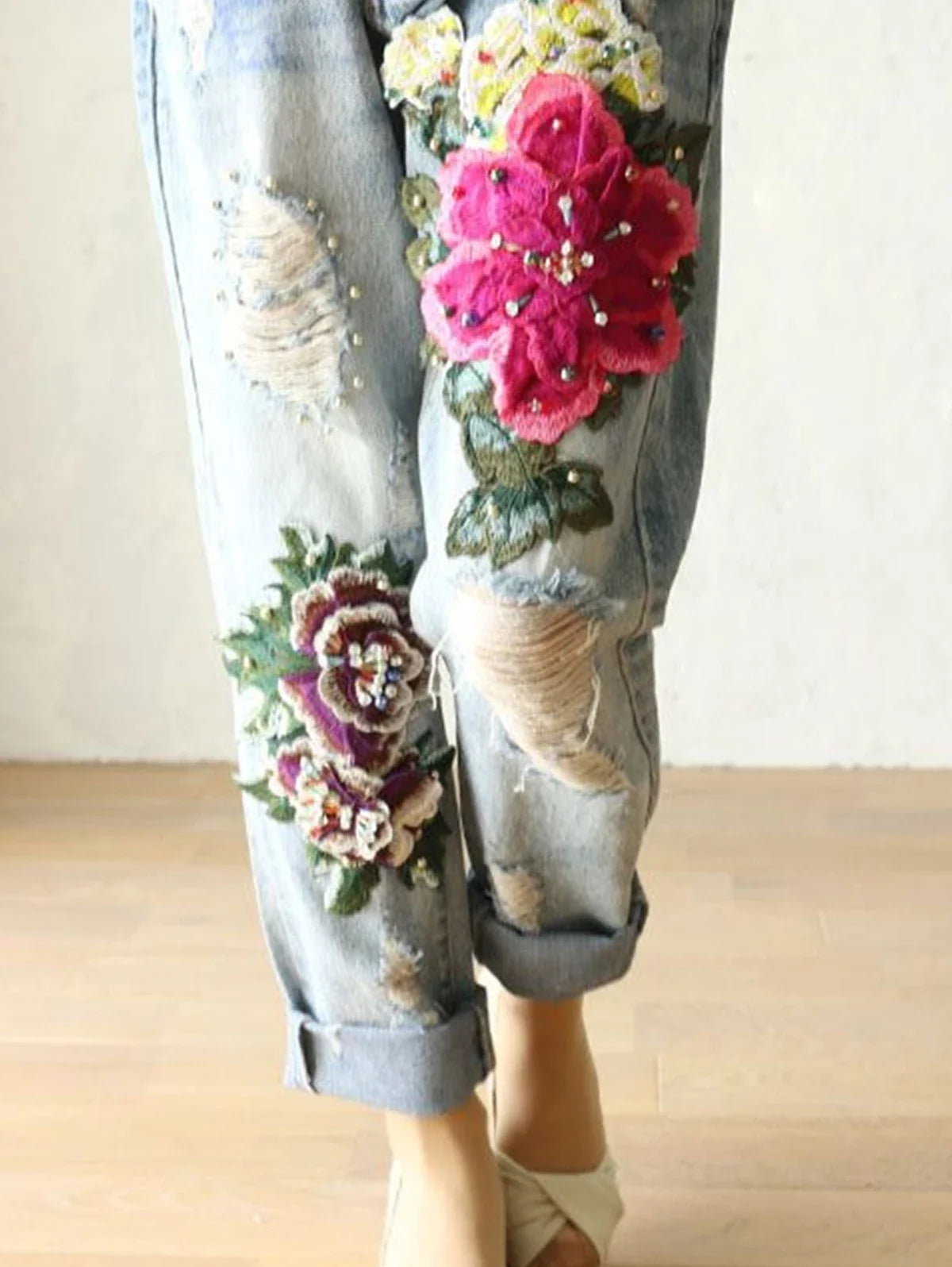 Fashion Jeans for Women Summer Casual Floral Embroidery Denim Trousers