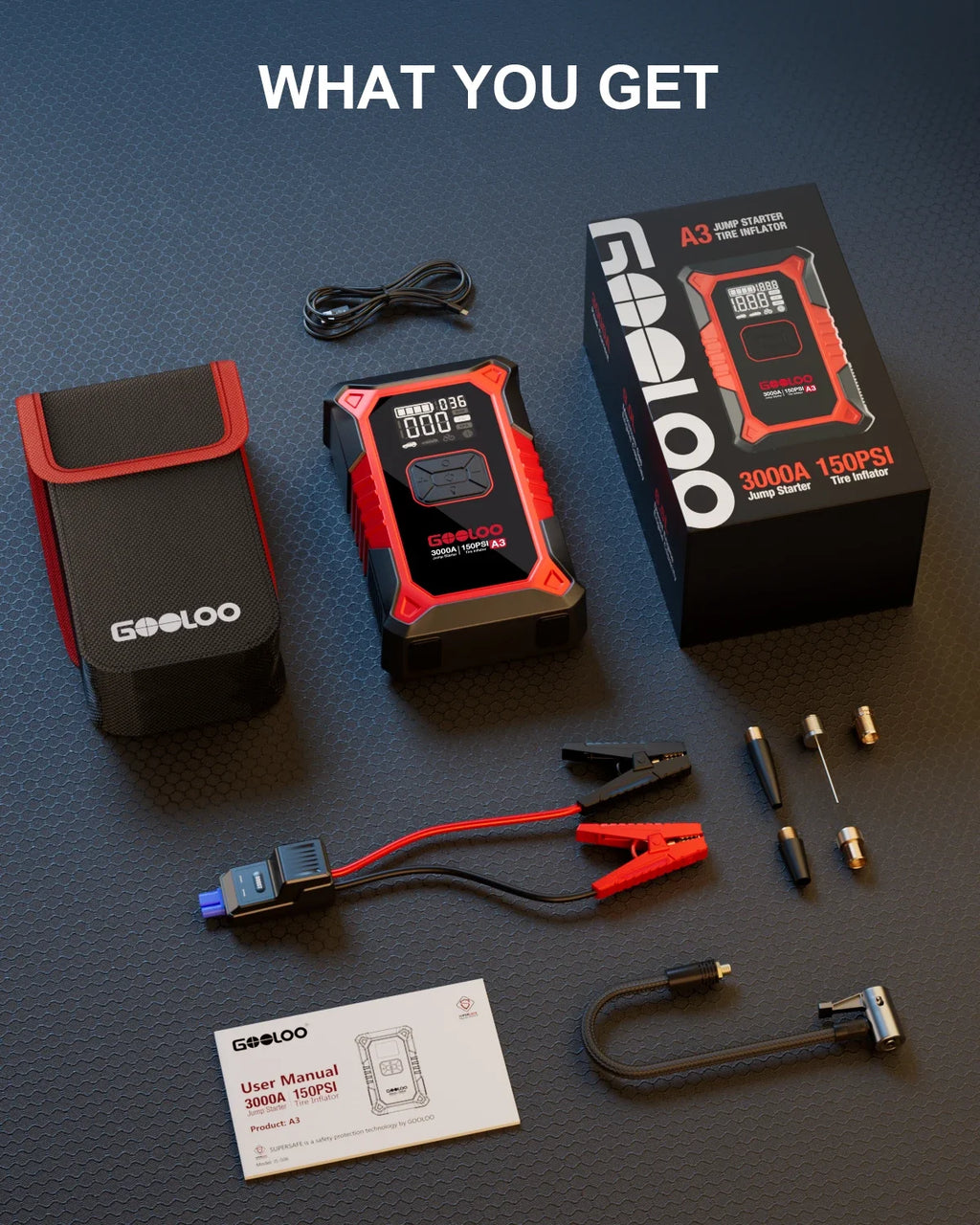 GOOLOO A3 Jump Starter with Air Compressor, 3000A Portable Car Battery Booster (9.0 Gas/6.5L Diesel) with 150PSI Auto-Shutoff Ti