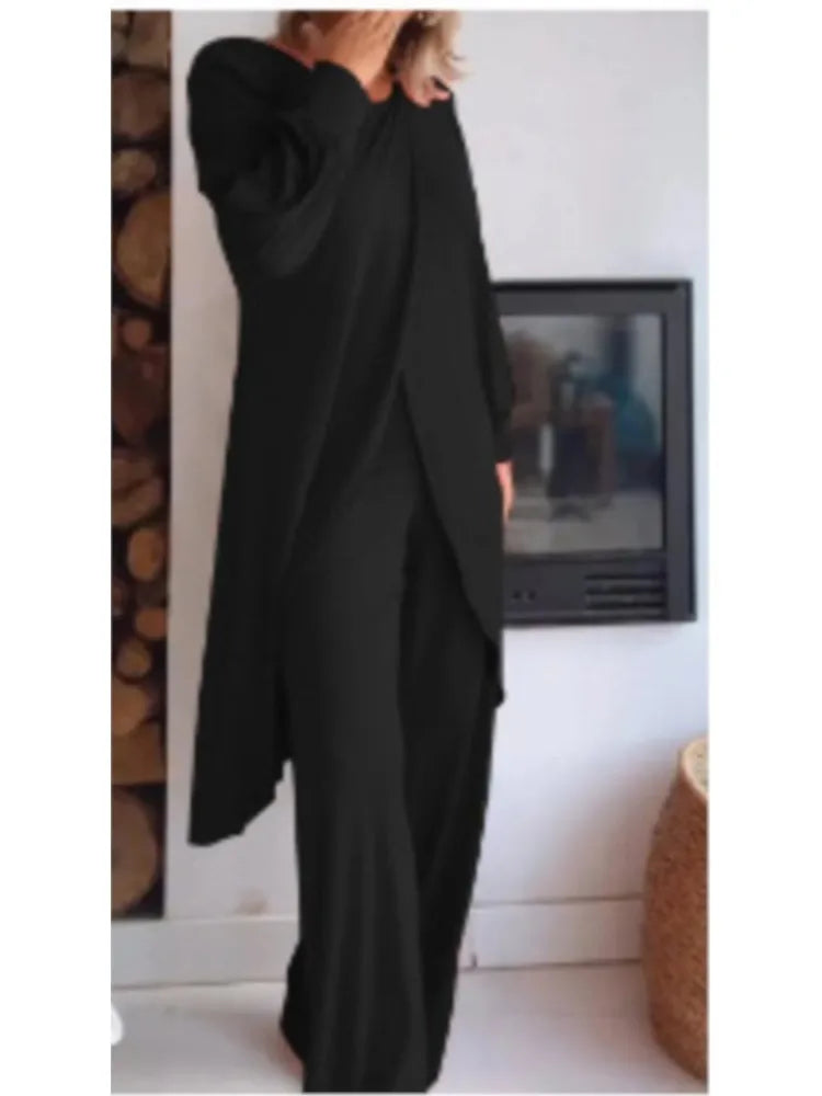 Casual Long Sleeve Tshirt Pants Set Office Lady Spring Summer Elegant