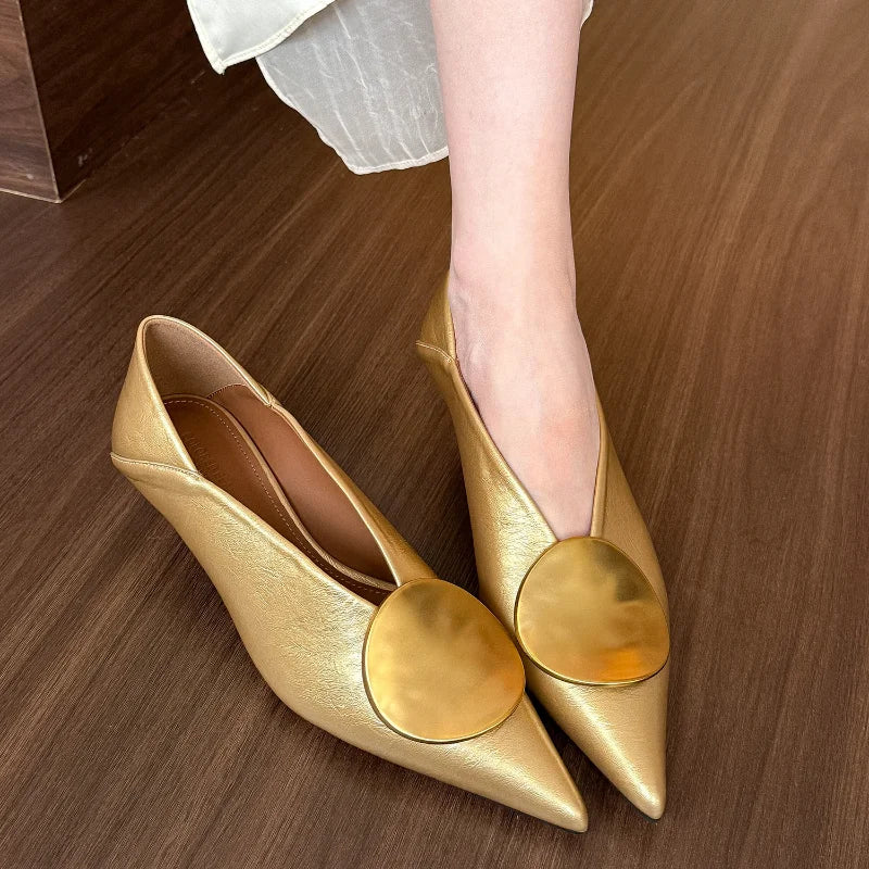 Autumn New Brand Women Pumps Shoes Fashion Gold Metal Shallow Slip on