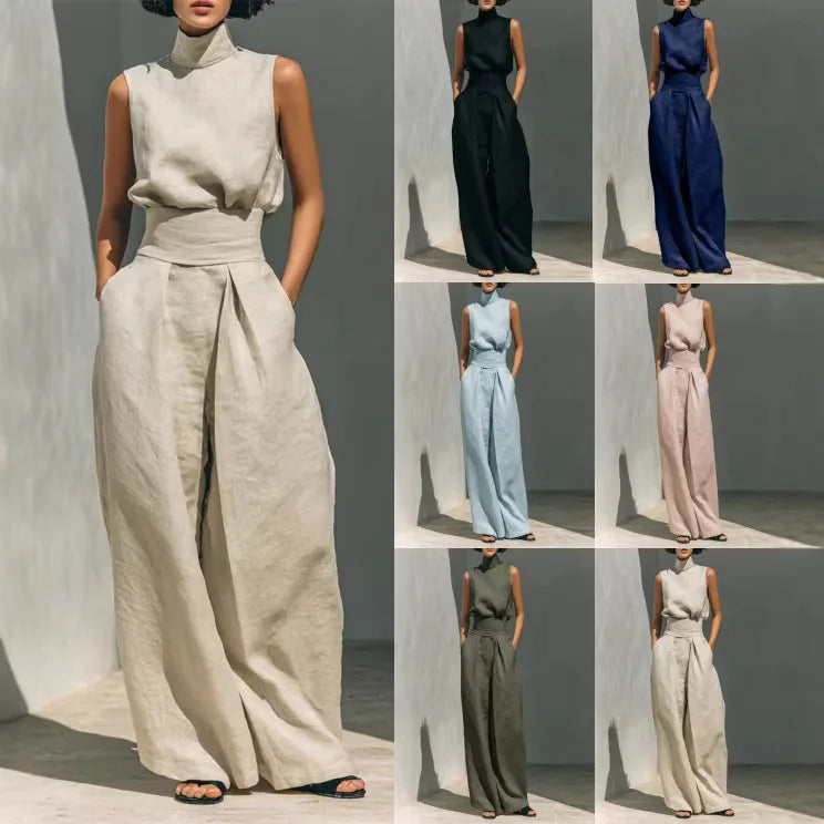 Women 2 Piece Outfit, Sleeveless High Neck Blouse & High Waist Wide