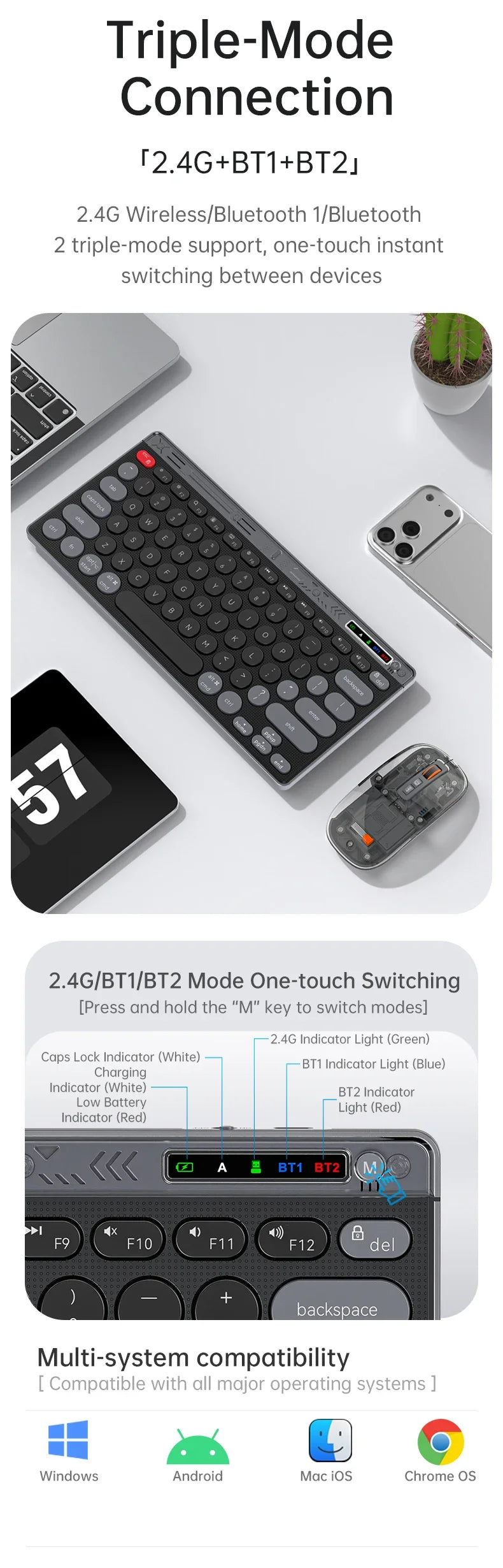 SMAILWOLF F781™ Bluetooth & 2.4GHz Wireless Keyboard & Mouse Set – Silent Keys, Rechargeable, Ergonomic, Portable Mini, Keyboard Only & Full Suit Combos, Black, White & Purple | FlipStylez LLC®