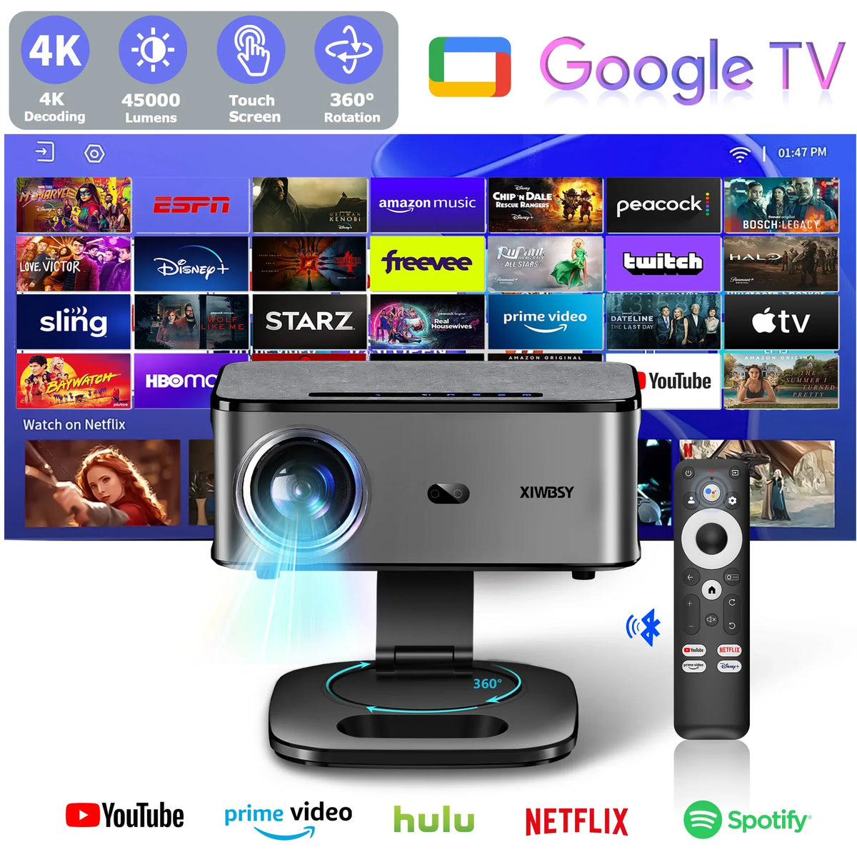 XIWBSY 45000Lumens Google TV Projector Portable Projector 4K Android 14.0 Daylight Projector 8K Video Home Theater  Projector
