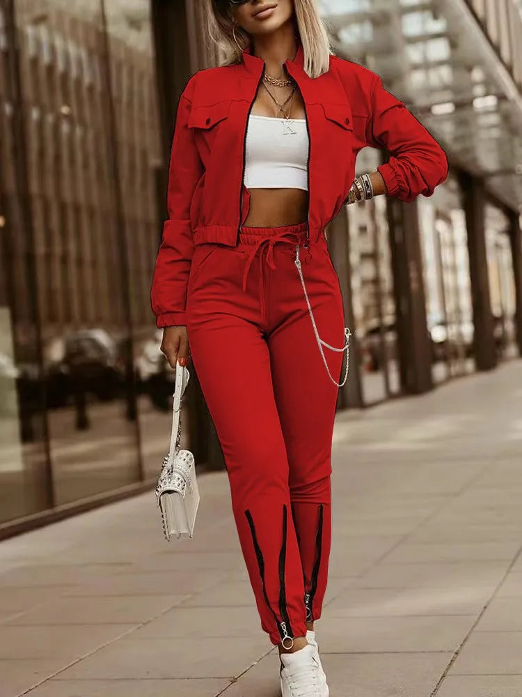 Autumn Women's New Zipper Short Long Sleeve Suit Solid Color Fashion