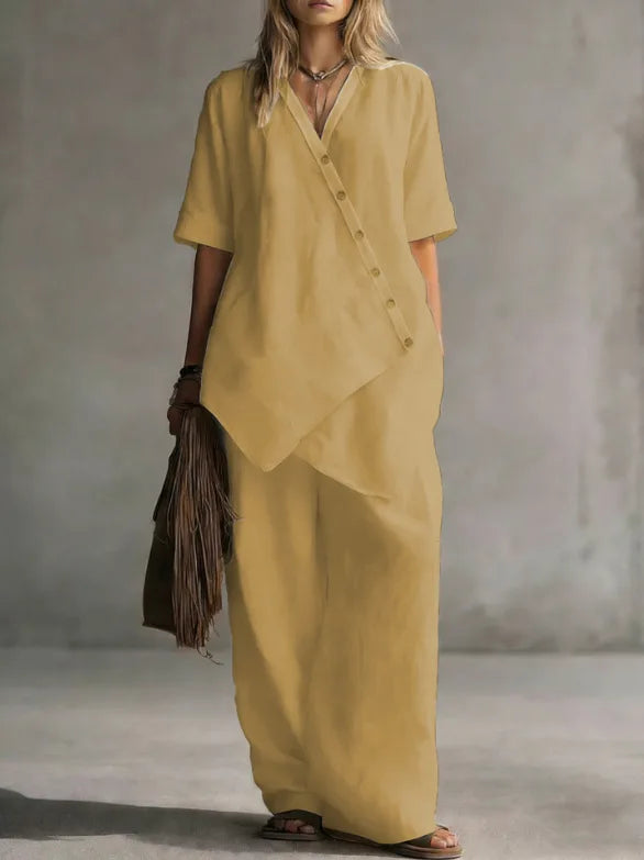 Women's Fashion Casual Solid Color V-Neck Loose Short Sleeve Top and
