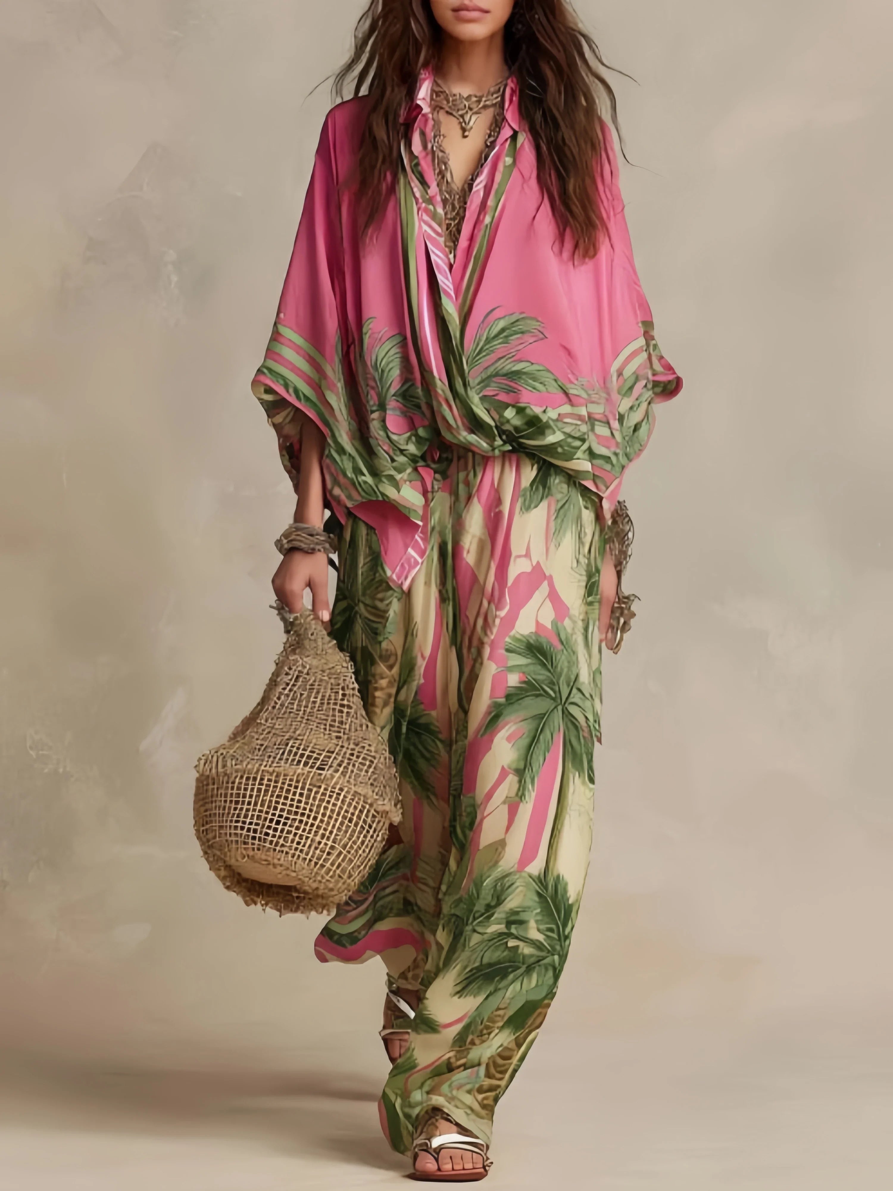 Fashion Color Print Two Piece Set Women Loose Batwing Sleeve Shirts Wide Legs Trousers 2 Piece Set Female Vacation Suits