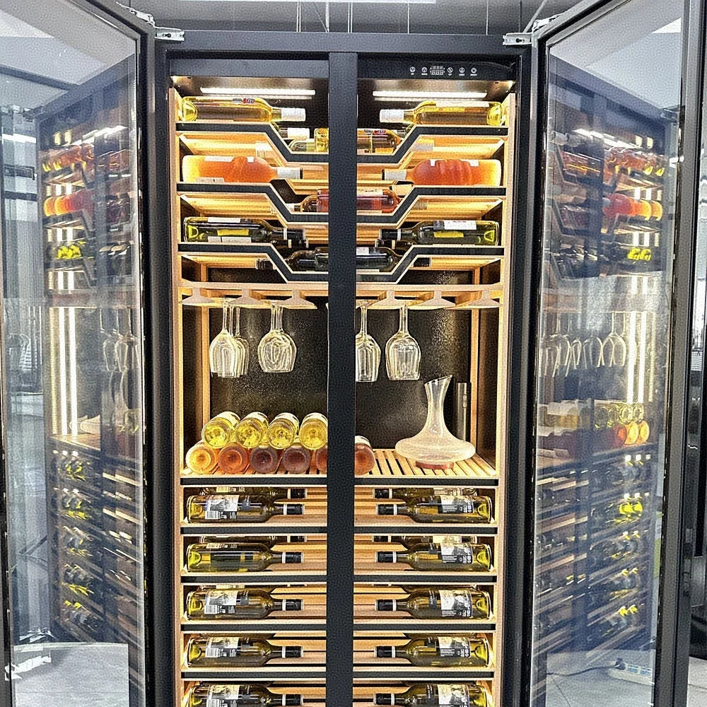 Two Tempered Glass Doors Battery-Powered Heating Function Electric Wine Cooler Cellar Fridge Luxury Beer Red Wine Hotel