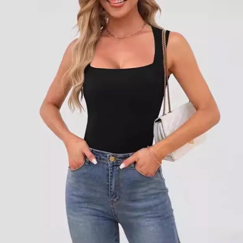 Sexy Slimming T-Shirts for Women Fashion Square Neck Sleeveless Tops Harajuku Tanks Woman Clothes Casual Top Tees Streetwear