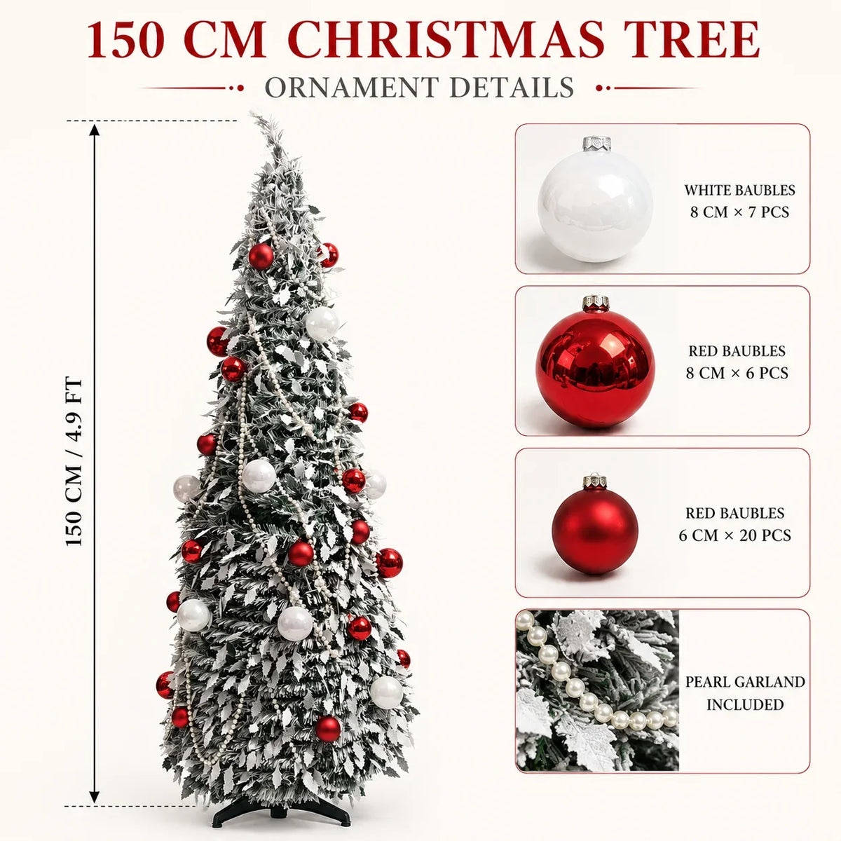 Flocked PVC Christmas Tree 1.5/1.8/2.1M Pre‑Attached Baubles, Foldable Xmas Tree with USB String Lights for Home Holiday Decor