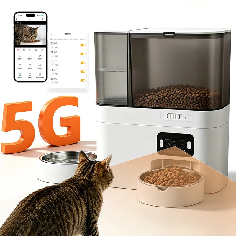 Pet Food and Water Dispenser 5L+3L Button WiFi Camera Tuya APP Automatic Smart Cat Feeder for Cats Dogs Stainless Steel Bowl