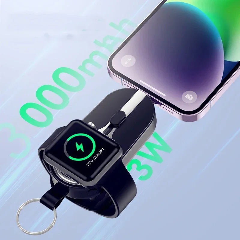 Mini Emergency Keychain Power Bank 2-in-1 Wireless Charging Watch Mobile Power Supply for Apple Watch and iPhone Xiaomi Samsung