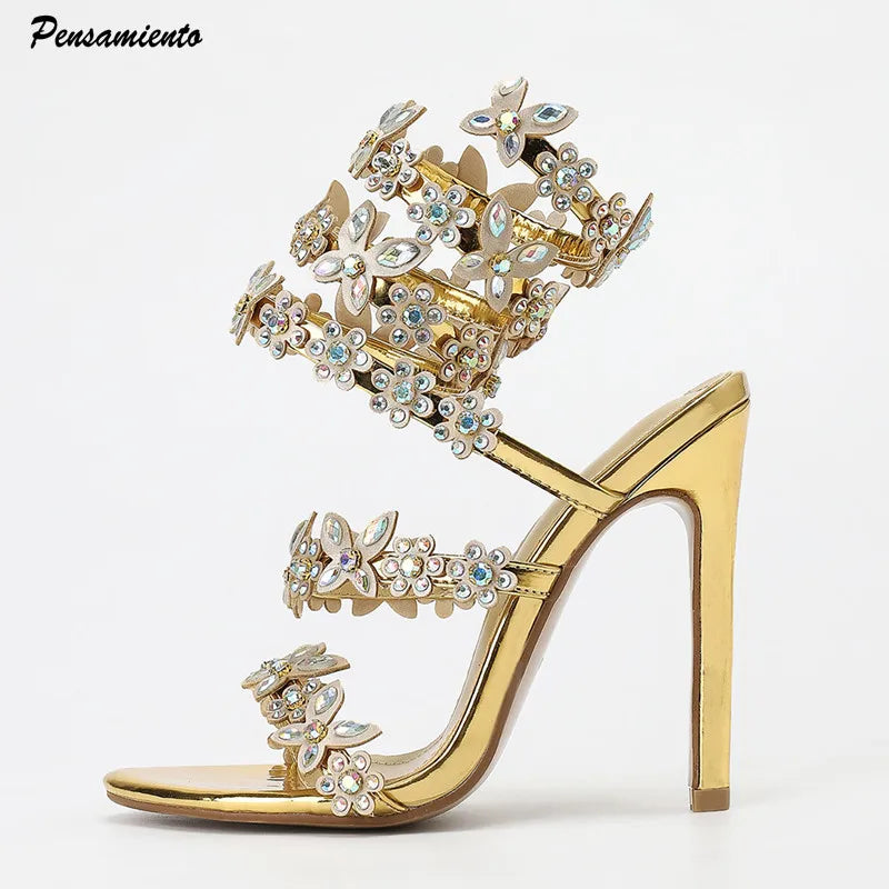 Bling Luxury Crystal Butterfly Flowers Decor Women Gladiator Sandals Fashion Summer High Heels Wedding Banquet Shoes Sandalias