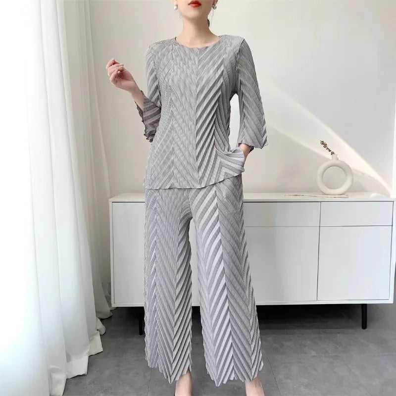 Spring New Women Handmade Pleated Pants Set Comfortable Casual Seven