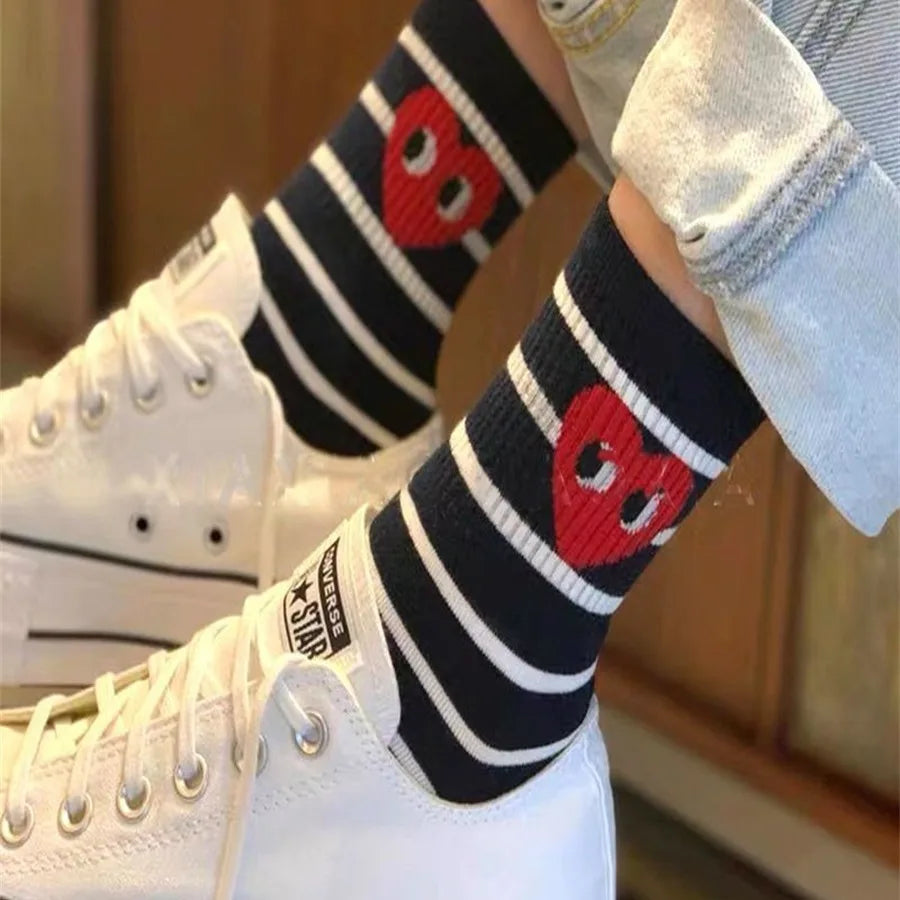 Korean version of black and white striped polka dot solid color love tide socks sports ins style trend casual socks