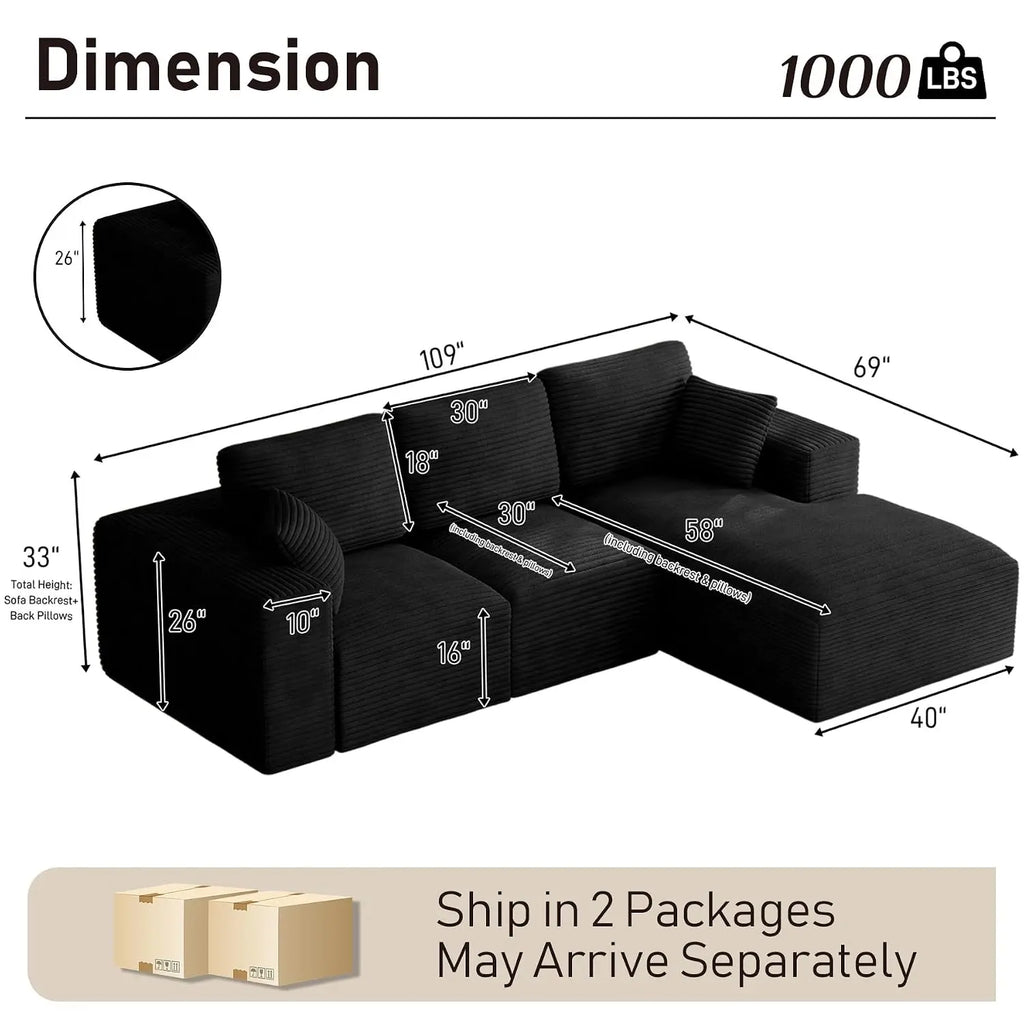 109" L-Shaped Cloud Boneless Couch Sofa with Chaise, Black, Custom