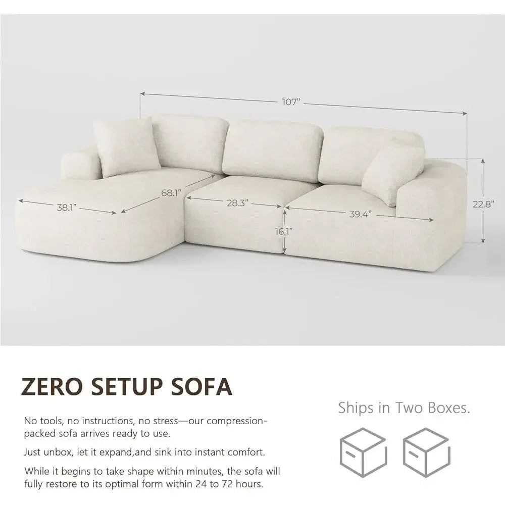 L-Shaped Sectional Sofa with Chaise, No Assembly, Ivory Beige Bouclé-Style Upholstery for Living Room