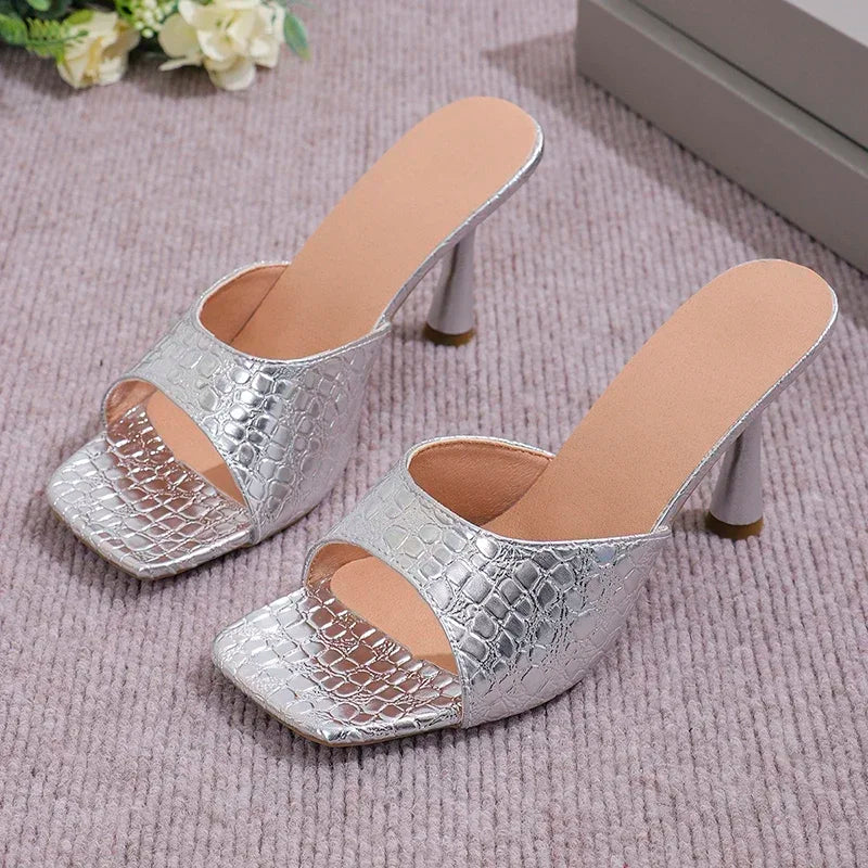 Luxury Gold Silver High Heels Sandals Women 2025 Slip On Square Toe Summer Slippers Woman Plus Size 43 Thin Heeled Party Shoes