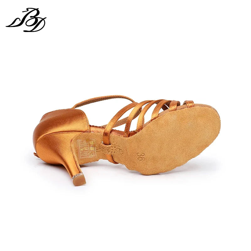 Hot Sale BD Dance Women Latin Shoes BD216 Soft Satin Sandal Leather Sole Ladies Ballroom Dance Shoes High Heel Rhinestones