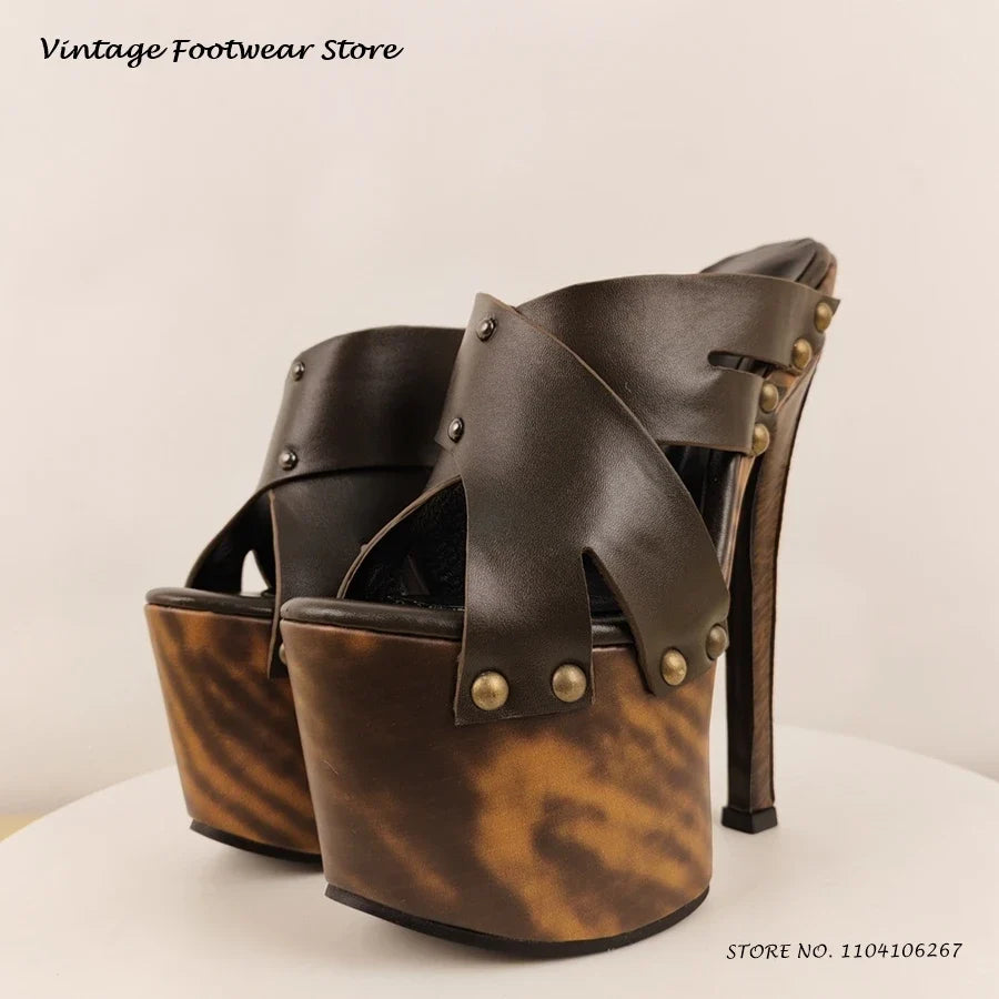 Studded Leather Platform Mules Round Open Toe Wooden Effect Thin High Heels Shoes Women's Summer Punk Style Fashion Slippers