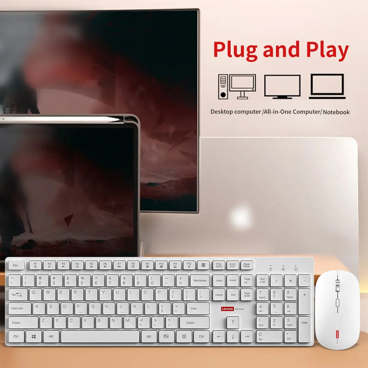 Lenovo KM220™ Wireless Keyboard & Mouse Combo – 2.4GHz USB, 104 Keys, Silent Quiet, Ergonomic, Home & Office, Black & White | FlipStylez LLC®