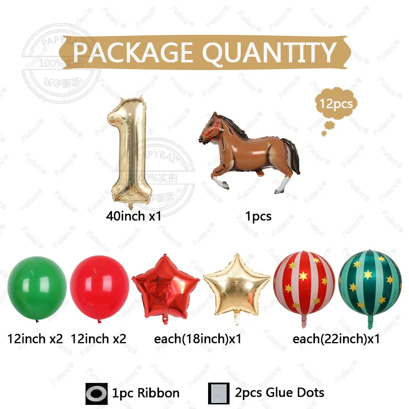 12pc Giant Race Horse Striped Star Balloons with 1-9 Cream Number Balloon for Cowboy Animal Theme Birthday Farm Party Decoration