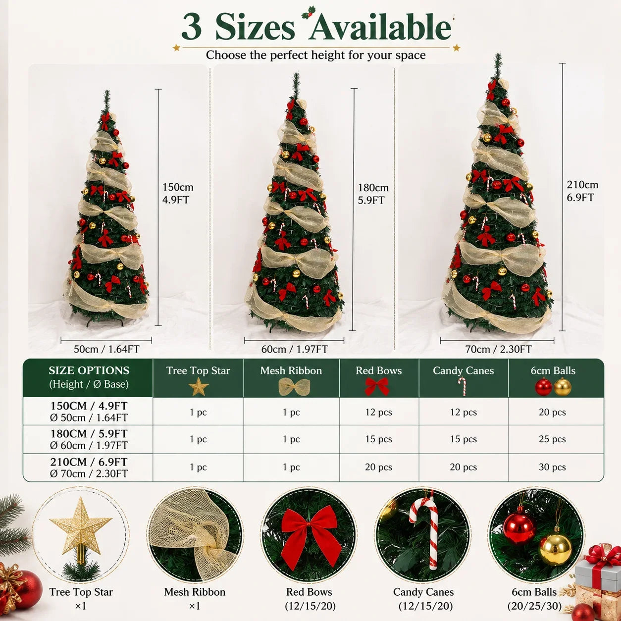 Artificial Christmas Tree with Lights Red Gold Decorations PVC Xmas Tree Easy Assembly 150/180/210cm Holiday Home Decor