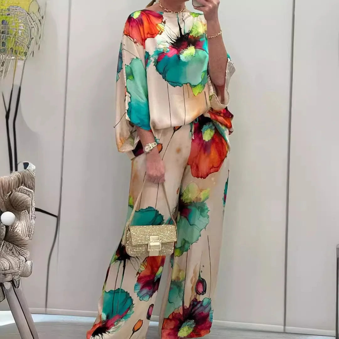 Casual Sets for Women 2 Pieces Summer Fashion Printed Satin Two Piece