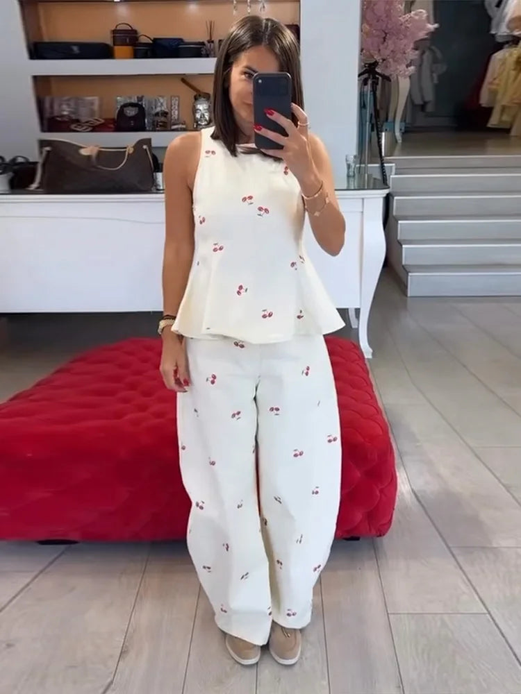 Casual Printed Women's Top Trouser Suits Sleeveless O-Neck Wide Leg