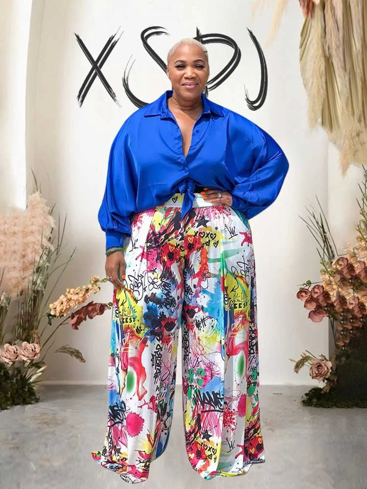 2piece Woman Outfit Streetwear Blue Silk Blouses Women Plus Size