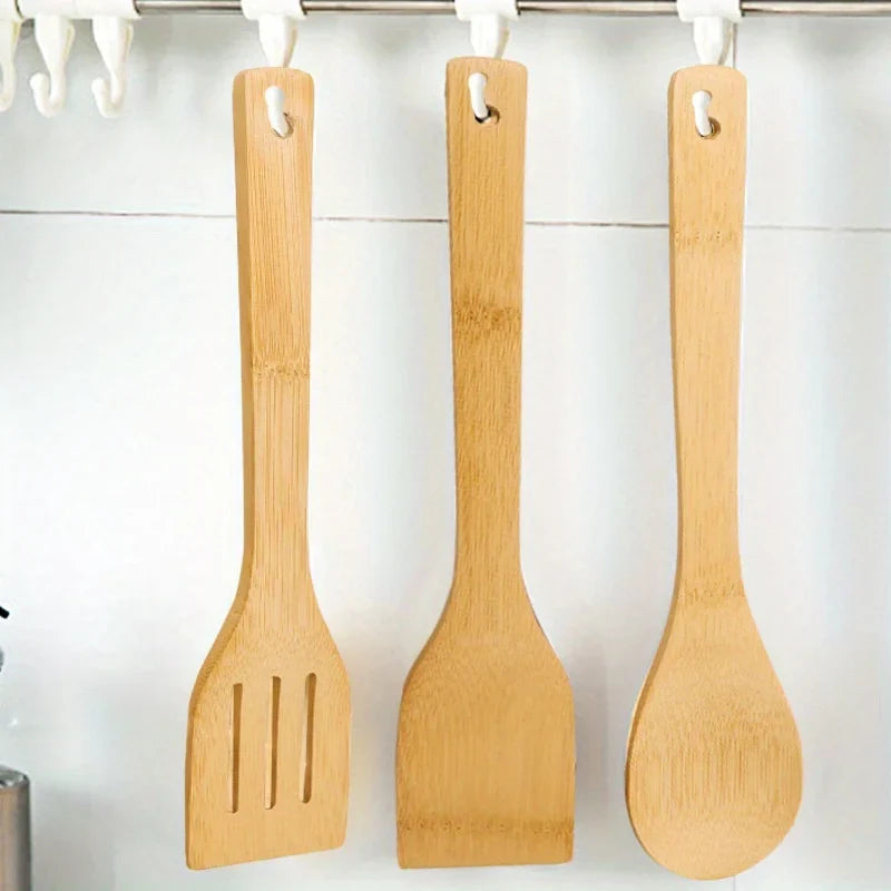 3pcs/set Bamboo Non Stick Frying Pan Spatula Rice Spoon Spatula High Temperature Resistant Cooking Tool Home Supplies