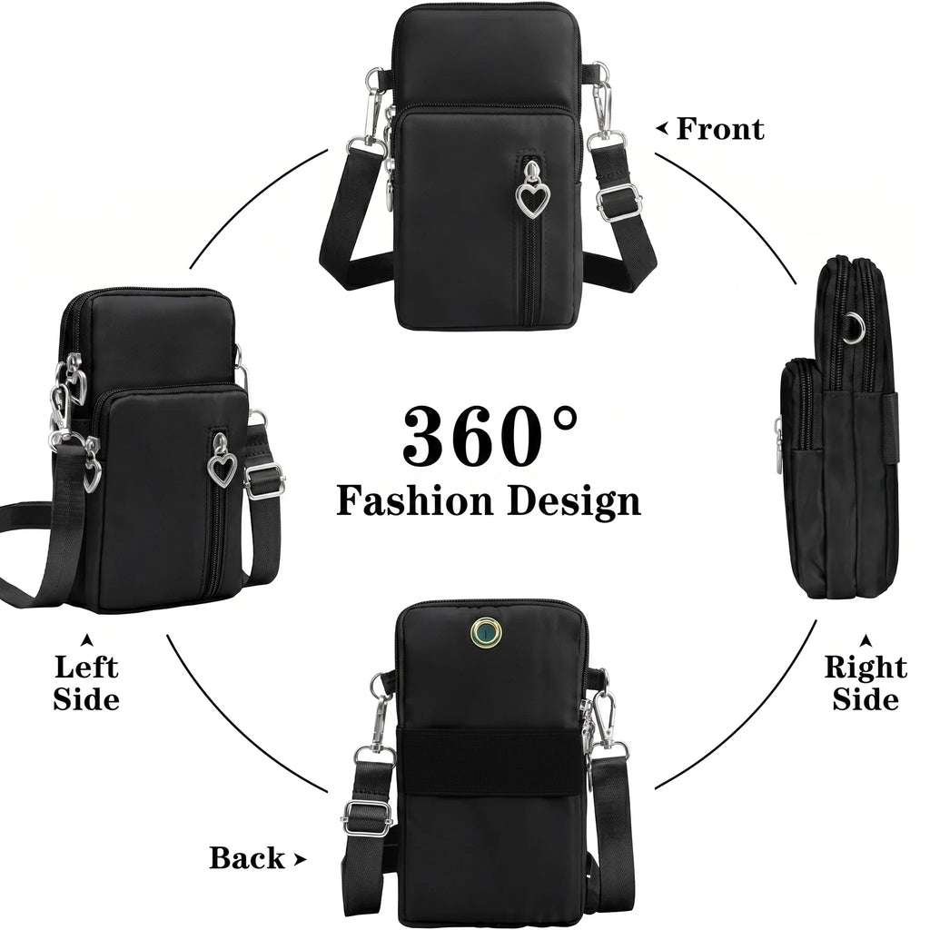 Waterproof Nylon Mini Crossbody Phone Bag for Women Heart Metal Zipper Multi Compartment Shoulder Arm Bag Phone Purse Wallet
