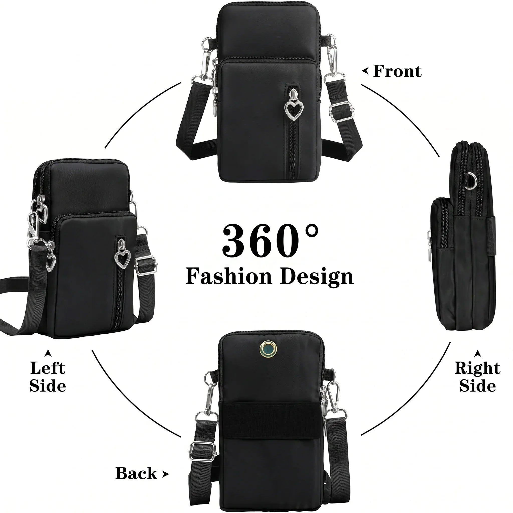 Waterproof Nylon Mini Crossbody Phone Bag for Women Heart Metal Zipper Multi Compartment Shoulder Arm Bag Phone Purse Wallet