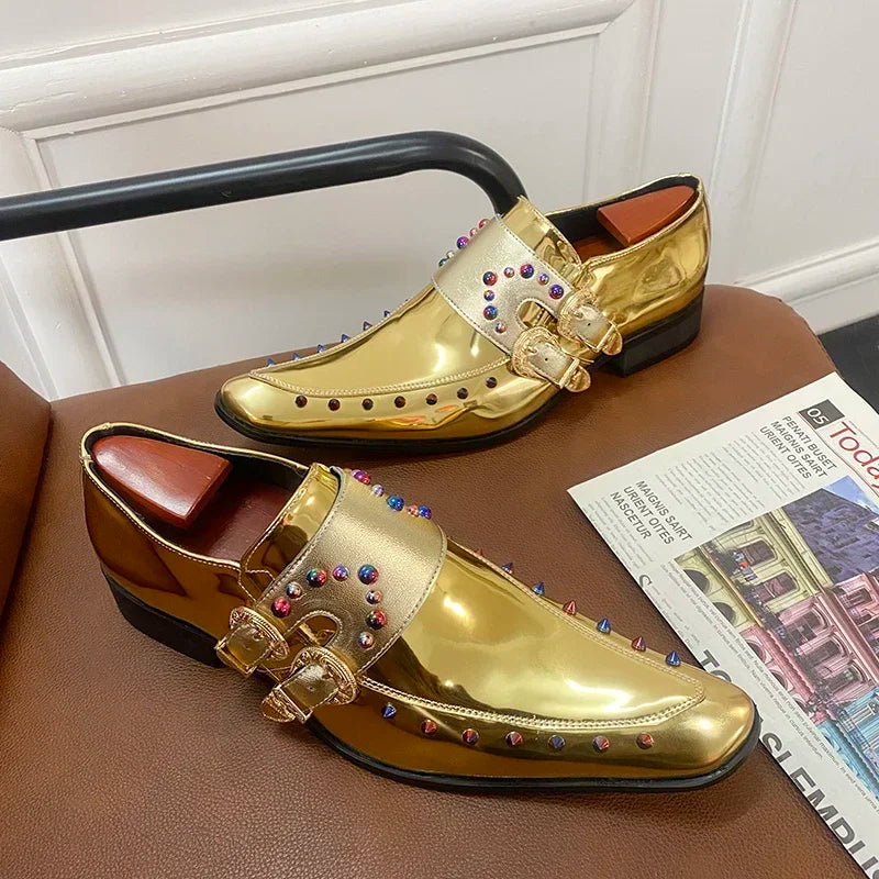 New Gold Men Dress Shoes Rivet Breathable Square Toe Double Buckle