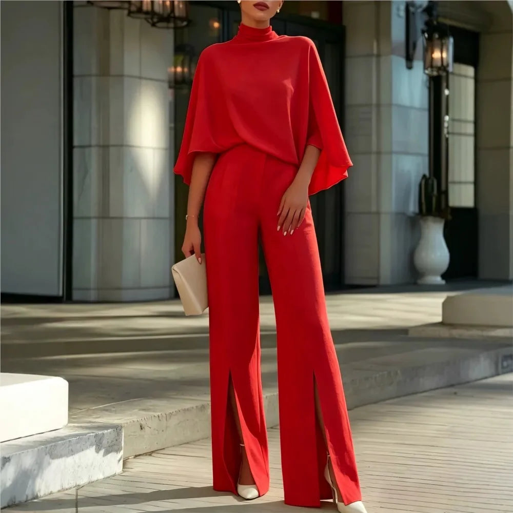 Autumn Women's Half Turtleneck Shawl Top Fashion Slit Wide Leg