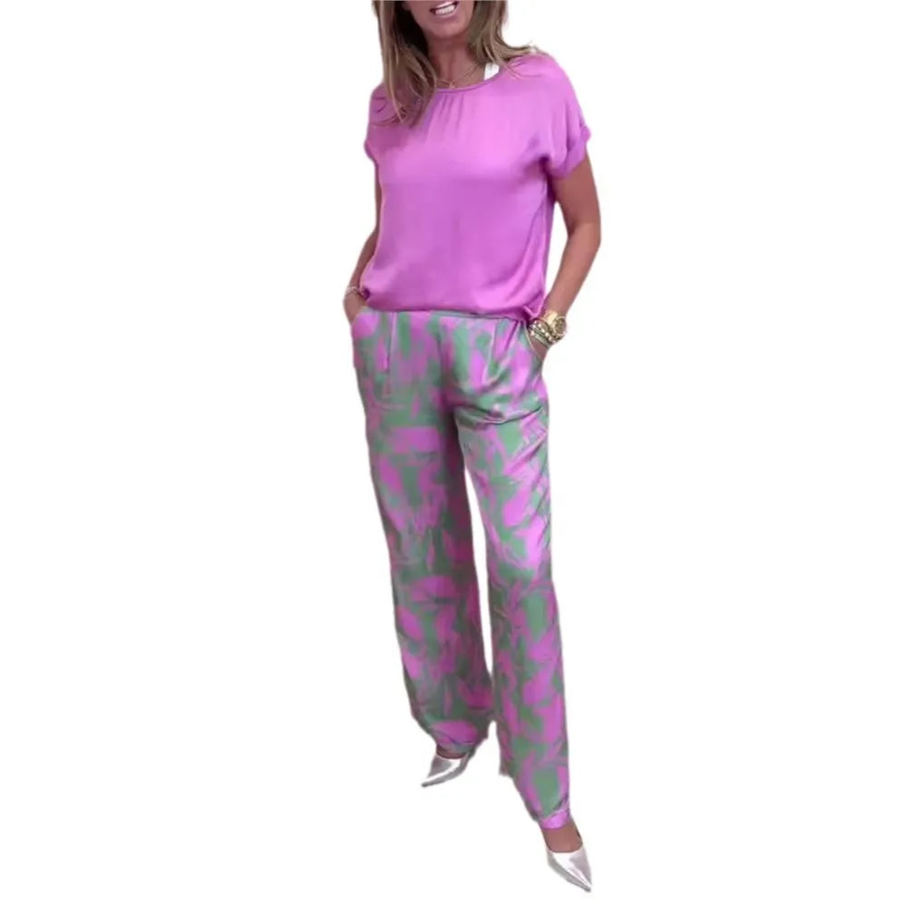 Casual O Neck Short Sleeved T Shirt Printed Trousers 2 Piece Spring