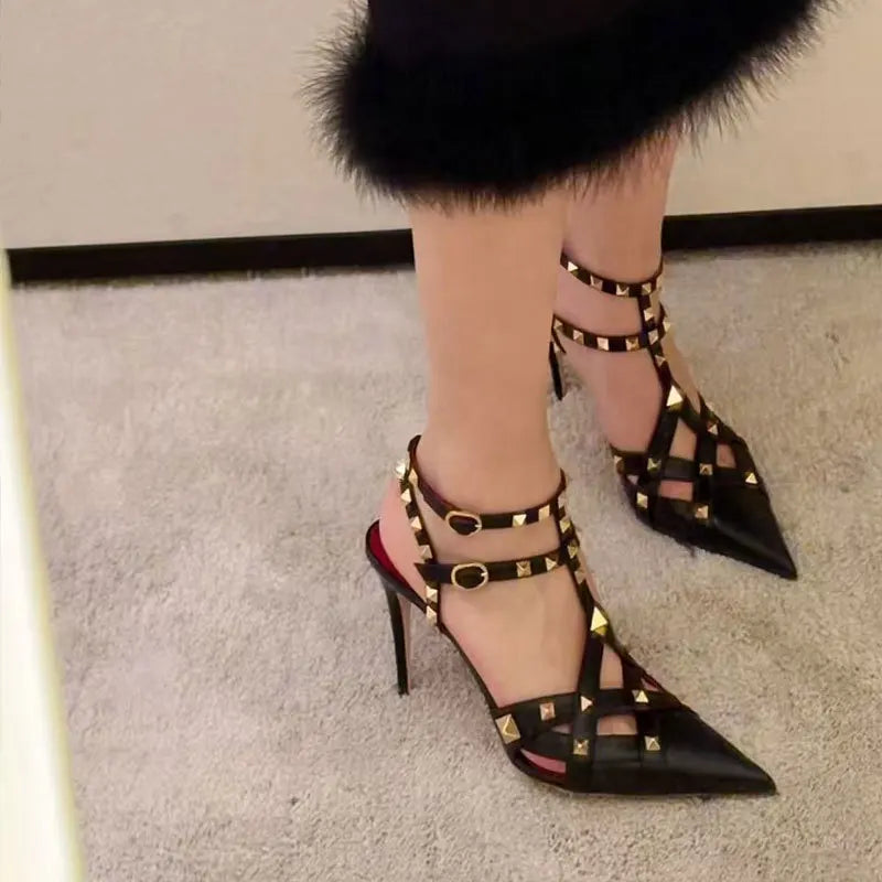 2026 Spring/Summer New High Heel Riveted Sandals Pointed Fine Heel Sandals Riveted Single Shoes