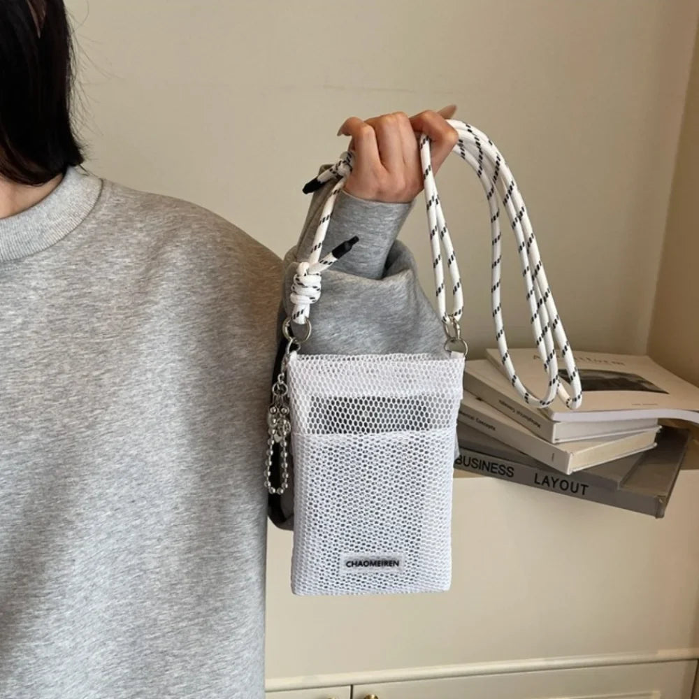 Cute Korean Nylon Mesh Wallet Teenager Hollow Shoulder Purse Bags Crossbody Solid Color Mobile Phone Bag Travel