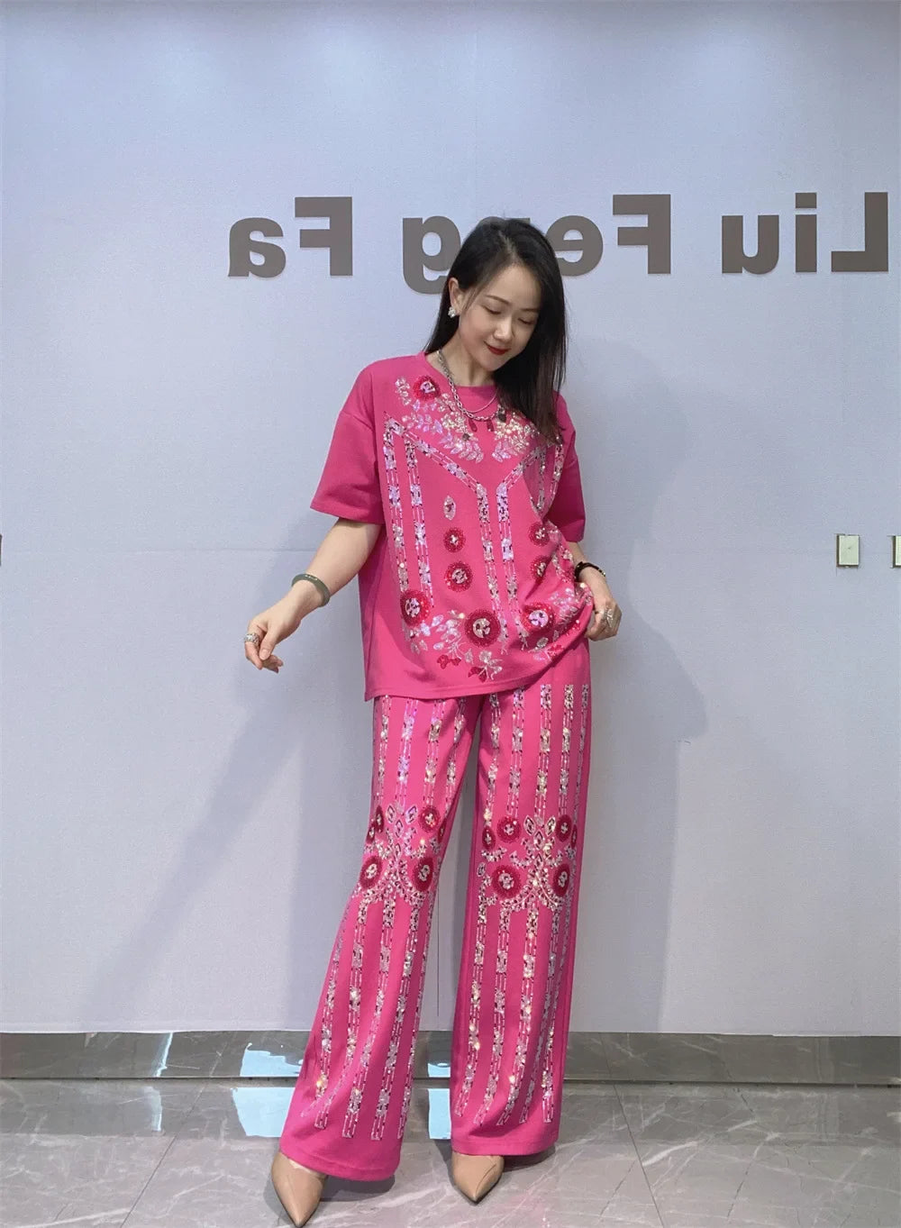 Summer Sequins Flower Short Sleeve T Shirt & Wide Leg Pant Sets Woman