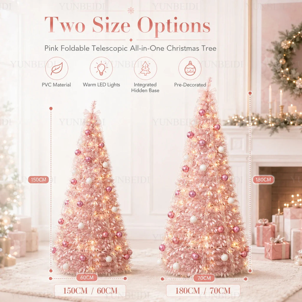 Pink Integrated Foldable Christmas Tree with Ornaments LED Lights High-end Christmas Tree 1.5M/1.8M Family Christmas Decorations