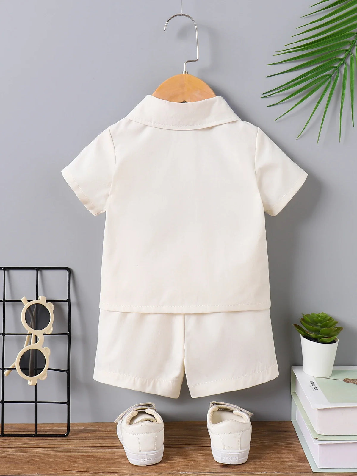 Baby Boy Beige Outfit, Floral Embroidery Collared Shirt & Shorts