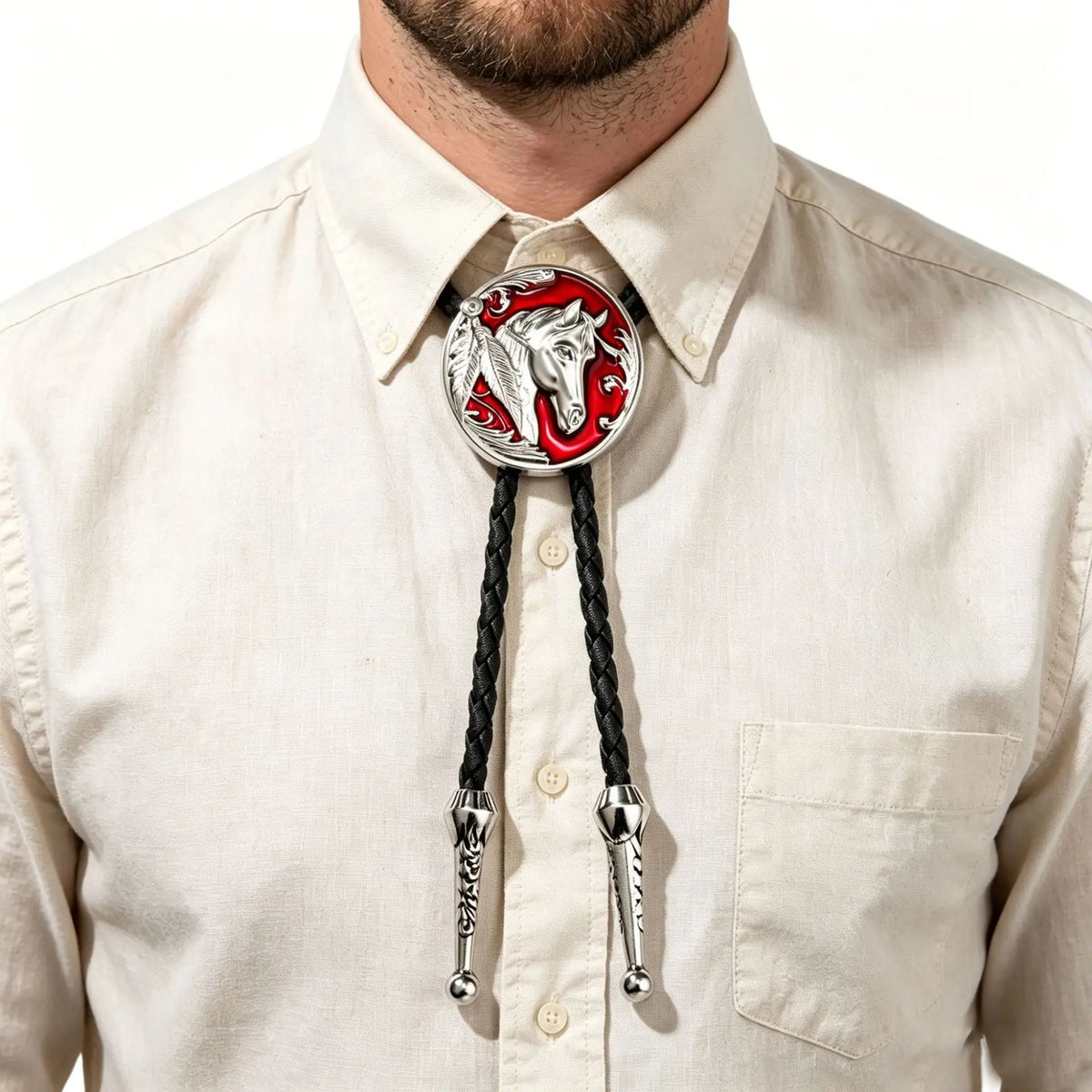 2026 New Western Horse Head Relief Bolo Tie with Braided Leather Cord & Metal Tips Vintage Cowboy Necklace Adjustable Necktie