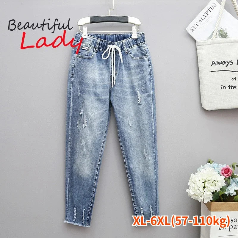 XL-6XL Plus Size jeans for Women Mom Jeans Woman Elastic High Waist Blue Baggy Jeans Denim Ripped Jeans Female Harem Pants