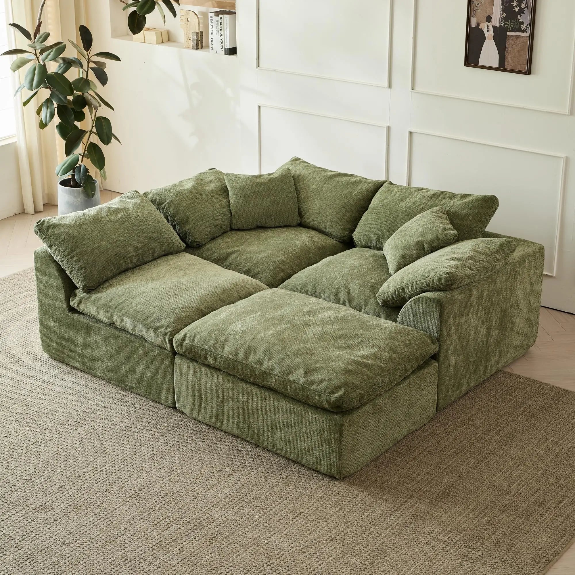 Modern Cloud L-Shaped 3-Seater Oversized Deep Seat Chenille Fabric Sofa Green Modular Sectional with Ottoman
