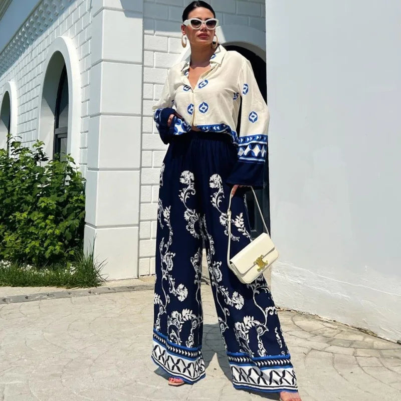 Spring New Printed Pants Sets Women Fashion Casual Loose Long Sleeve