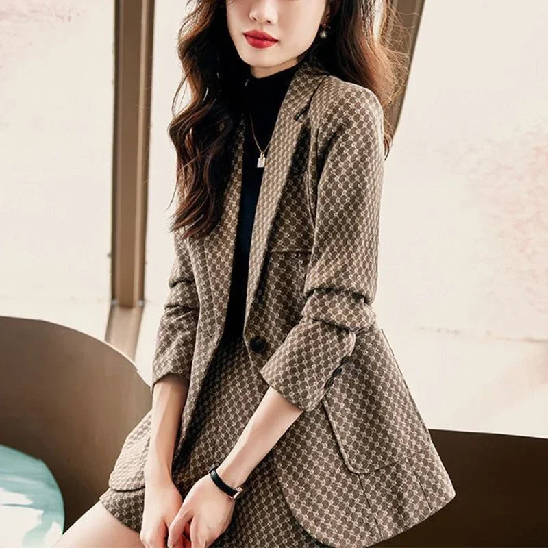 Autumn Winter Women's Elegant Fashion Printed Slim Blazers High Waist