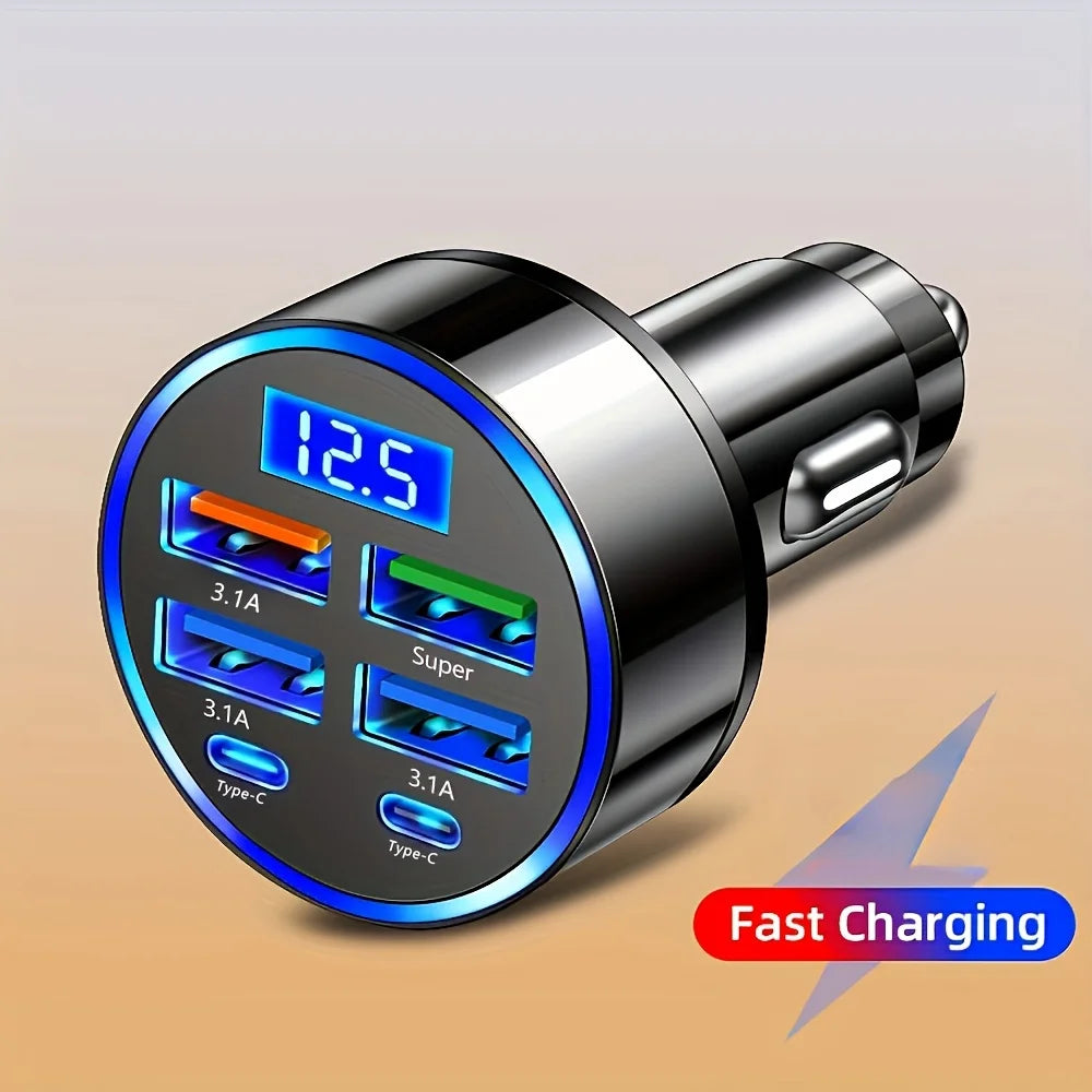 6-In-1 Fast Charging Car Adapter 3.1a Dual Type-C Digital Display