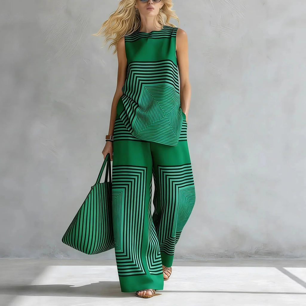 2026 New Women's Summer Fashion Casual Sets Loose Striped 2 Piece Set Sleeveless Vest Tops High Waisted Wide Leg Pants Suits For