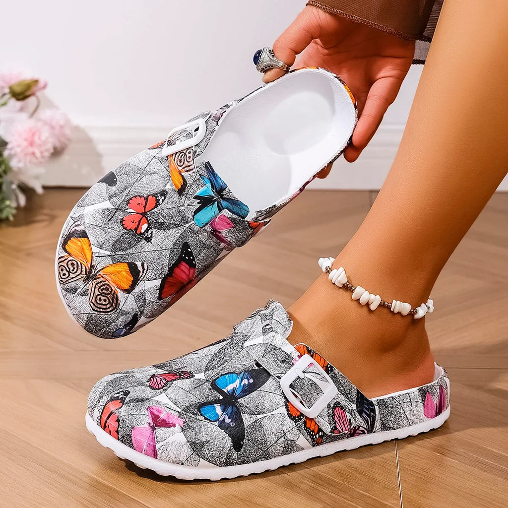New Women's Fashionable Slip-On Slippers Elegant Black-Gray Butterfly Watermark Wedge Heel with Durable Soft Sole Comfortable Fo