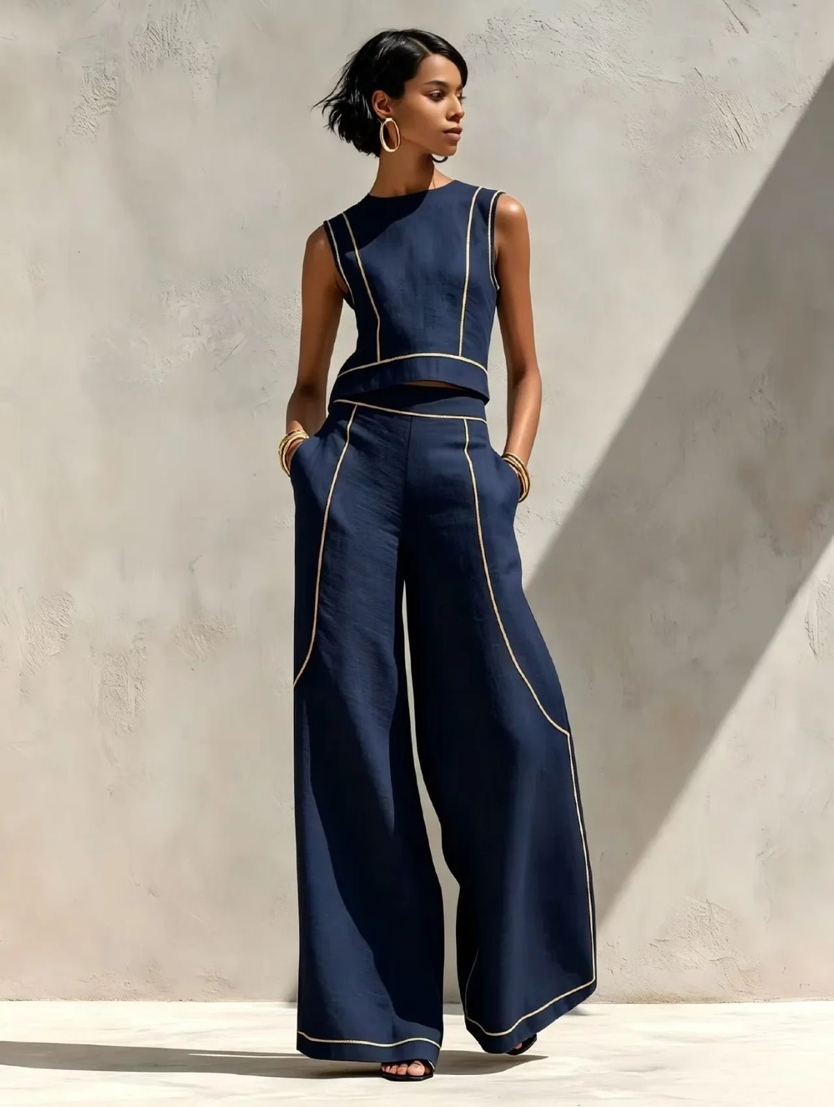 Women Striped Print 2 Piece Set Sleeveless Round Neck Tank Top High Waist Pocket Wide Leg Trousers Suit New Summer Resort Outfit